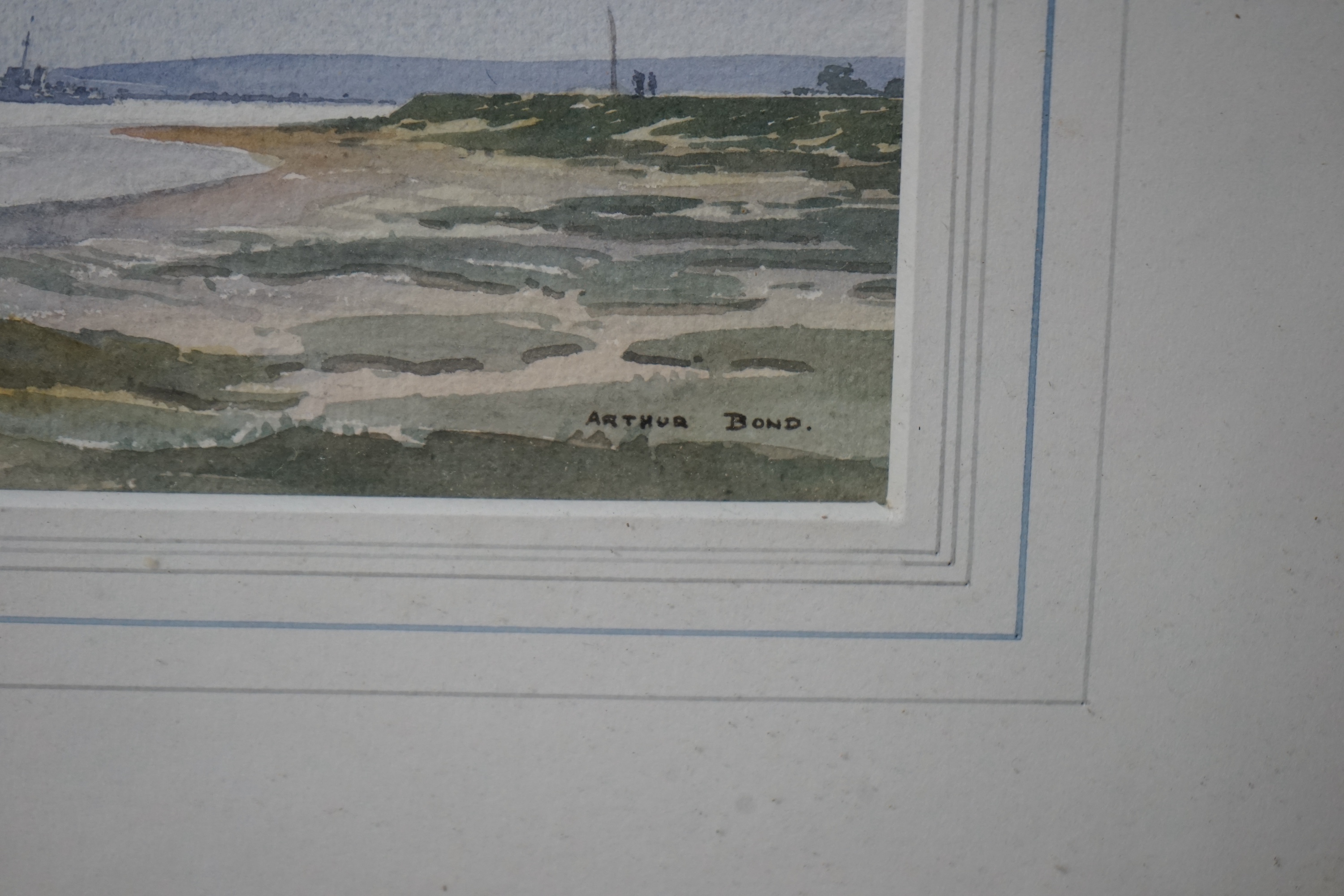 Arthur Bond (1888-1958), watercolour, Estuary scene, Wapping group artist's label verso, 25 x 35cm. Condition - fair, some minor spots of foxing